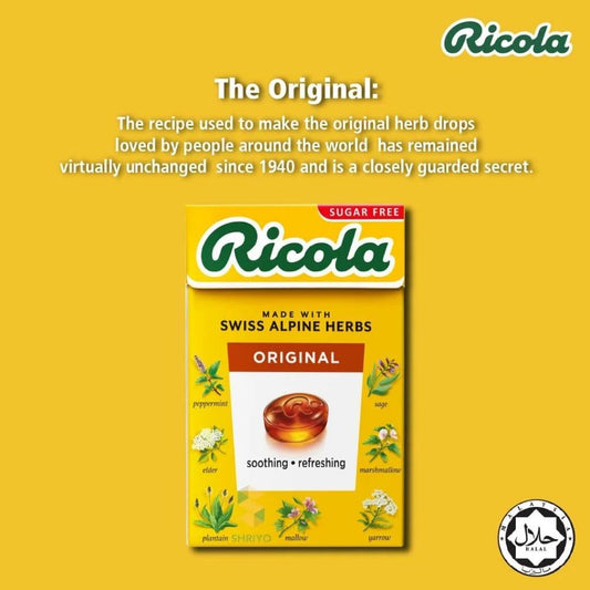 Side view of Ricola sugar free herbal lozenges packaging displaying full ingredient list and nutritional facts.