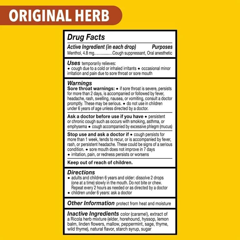 Open view of a Ricola original herb drop pack revealing the classic brown cube shaped lozenges.