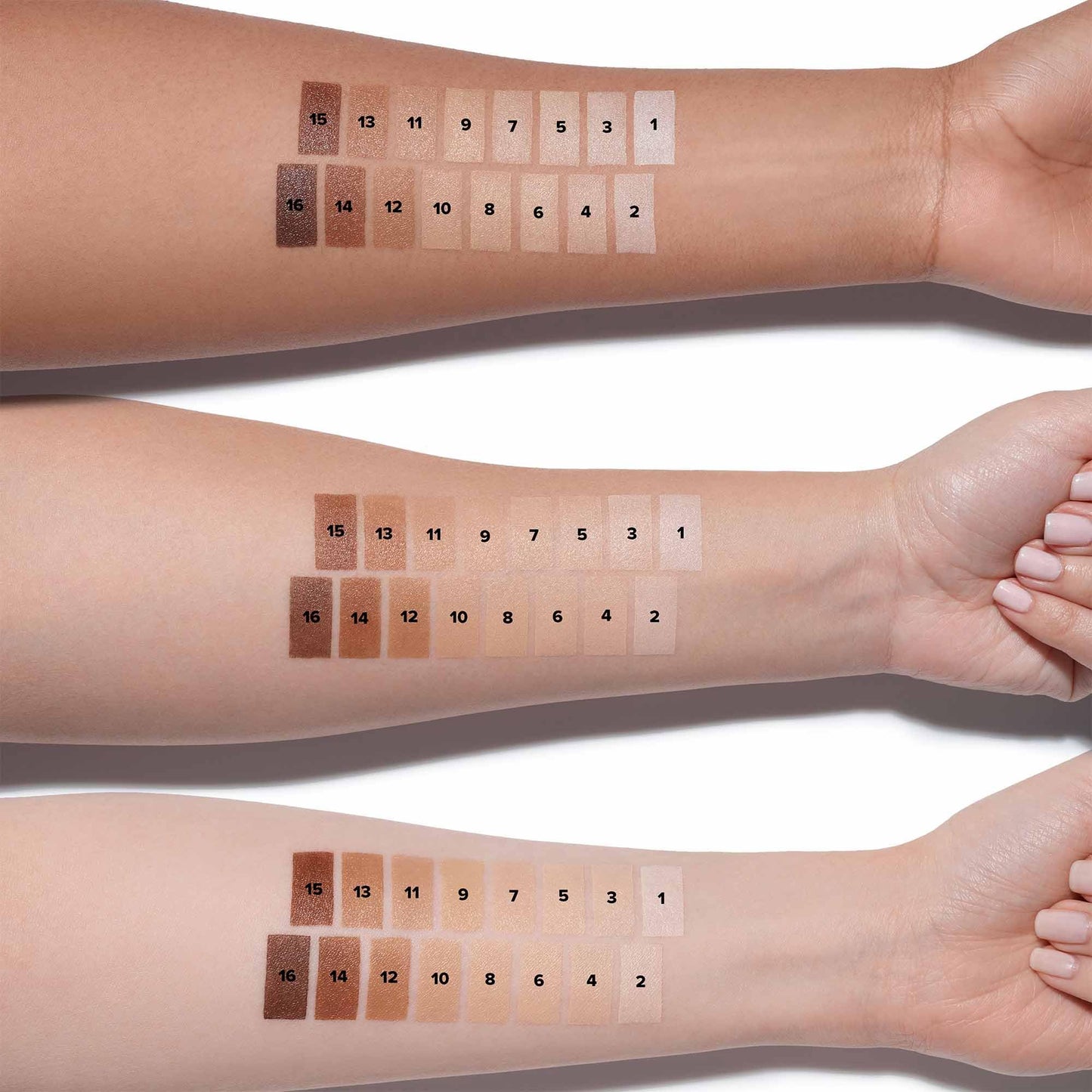 Swatches of Anastasia Beverly Hills Beauty Balm foundation on multiple skin tones