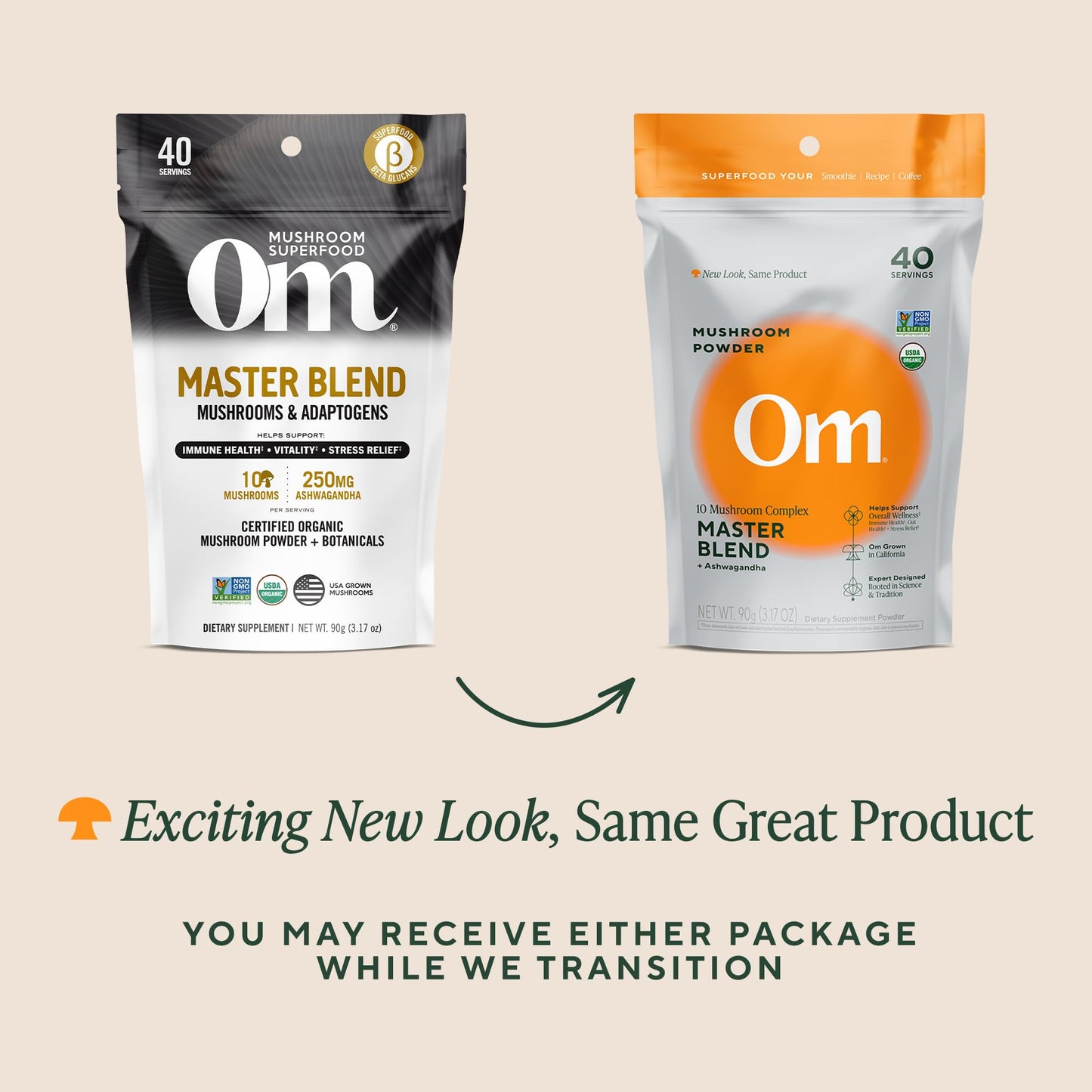 USA imported Om Mushroom Superfood Master Blend powder displaying the secure packaging seal and serving size guidelines.