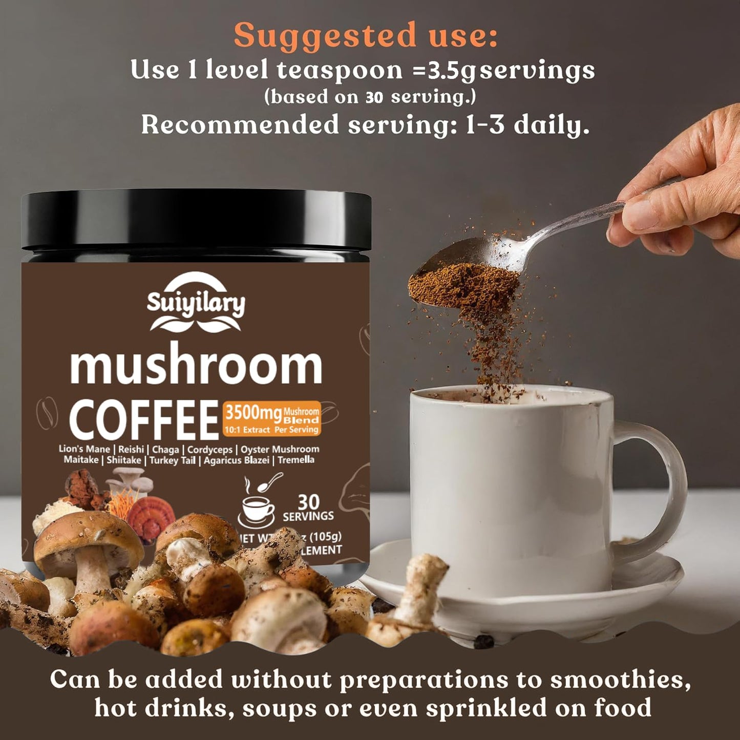 Suiyilary 10 mushroom extract blend organic dietary supplement jar