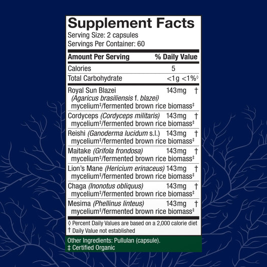 Host Defense Stamets 7 mushroom supplement bottle displaying the list of seven organic mushroom species