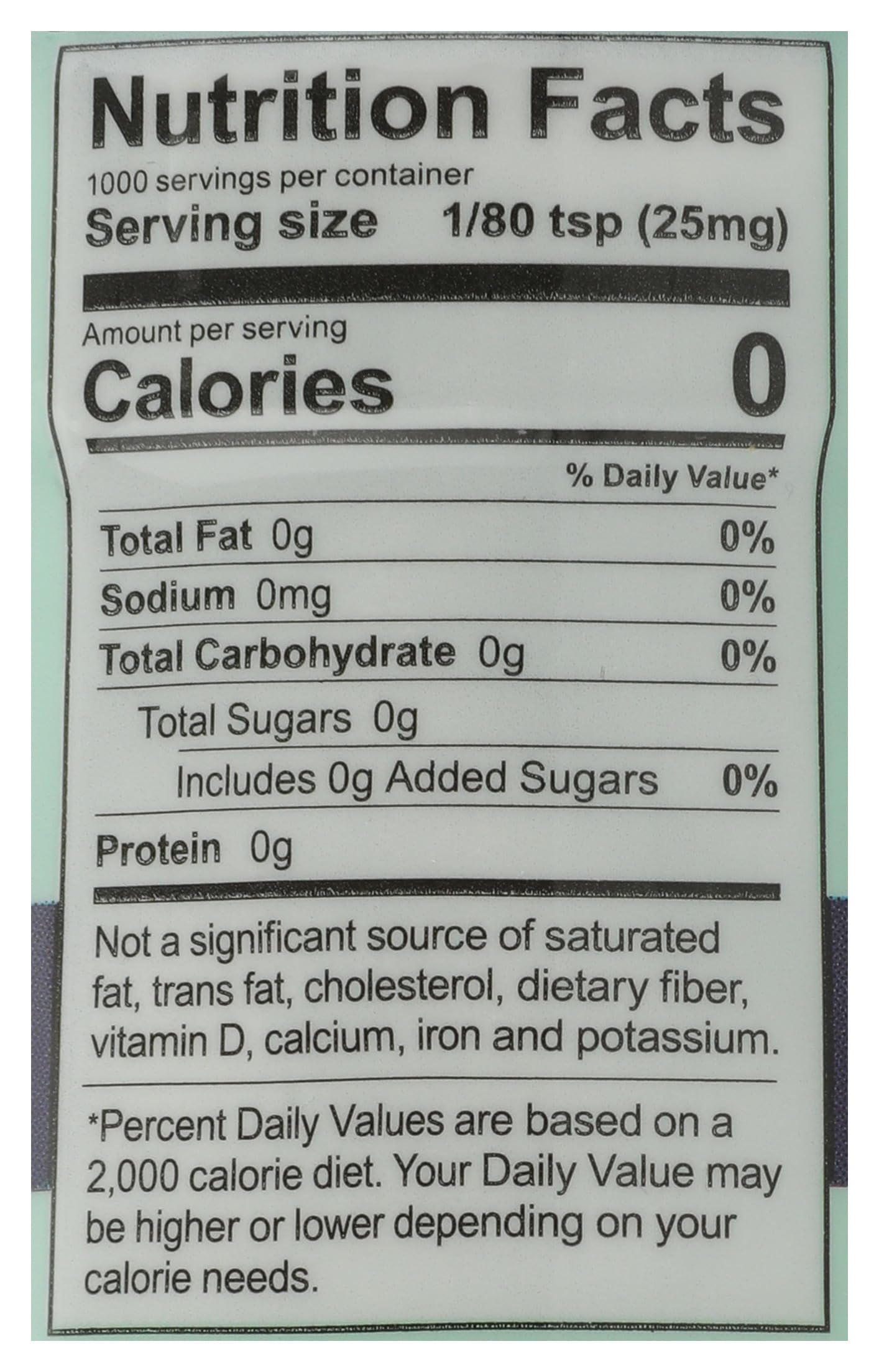SweetLeaf Organic Stevia twenty-five gram shaker jar nutrition facts panel view