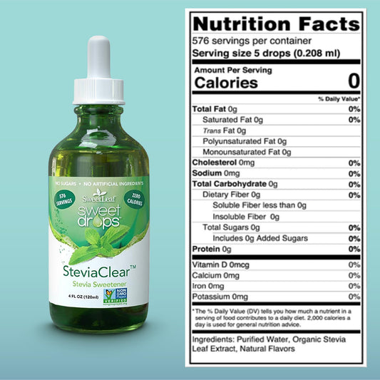 SweetLeaf zero calorie sugar alternative dropper bottle being added to a hot cup of morning coffee.