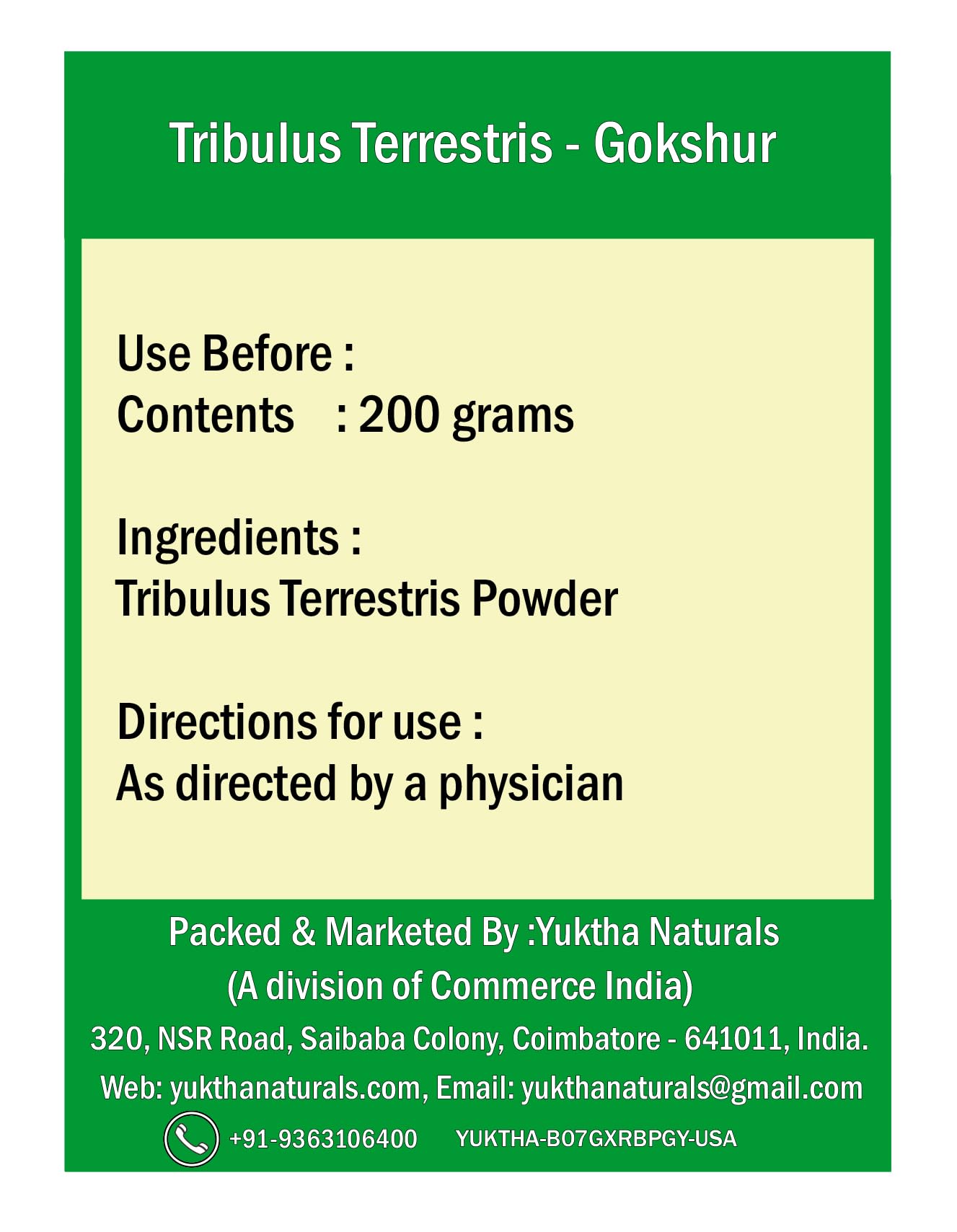 Yuktha Naturals Tribulus Terrestris powder container for ayurvedic health