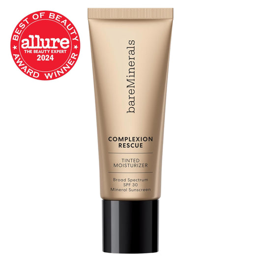 bareMinerals hydrating tinted mineral sunscreen tube placed flat on a neutral background.