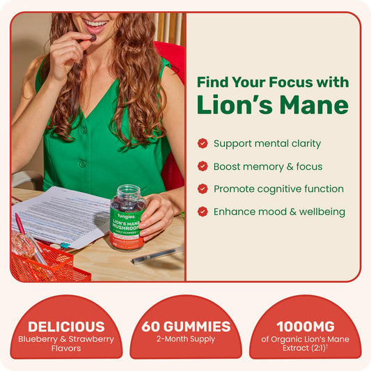 Fungies Lion's Mane Mushroom Gummies top view of blueberry and strawberry flavored pieces