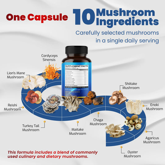 Vegatot Mushroom supplement bottle showing the supplement facts panel with 9700mg equivalent active ingredients.