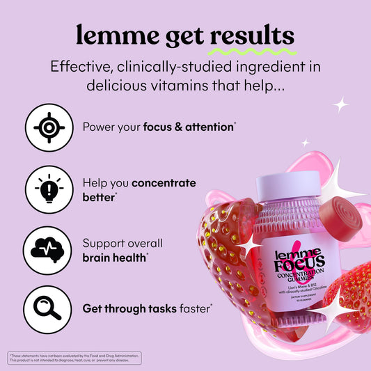 Lemme Focus Strawberry Gummies containing Cognizin Citicoline and organic Lions Mane mushroom