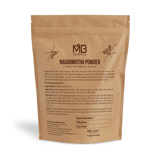 Back view of MB Herbals Nut Grass powder pack displaying product details and ingredient purity information.