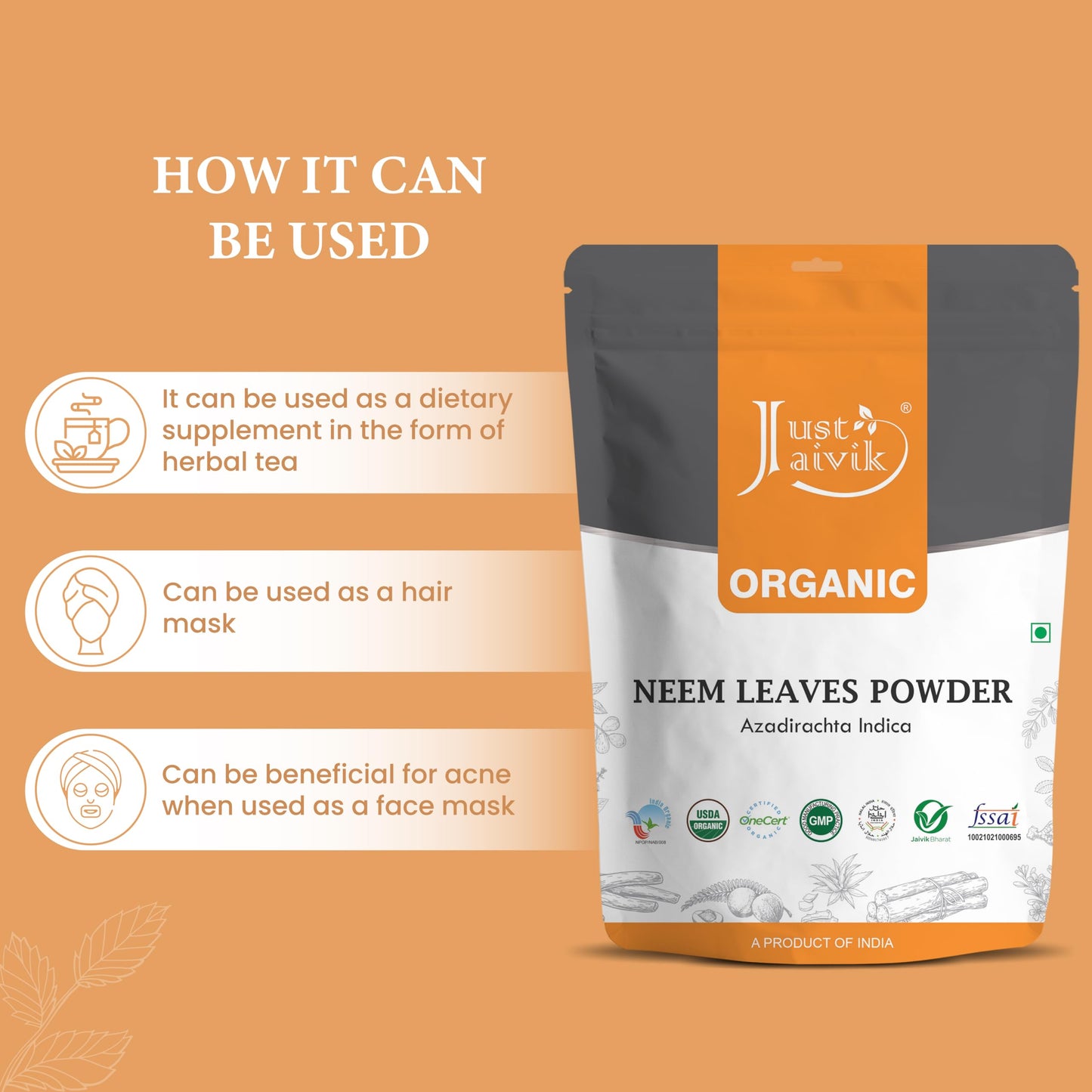 Just Jaivik Organic Neem Leaves Powder lifestyle skincare application