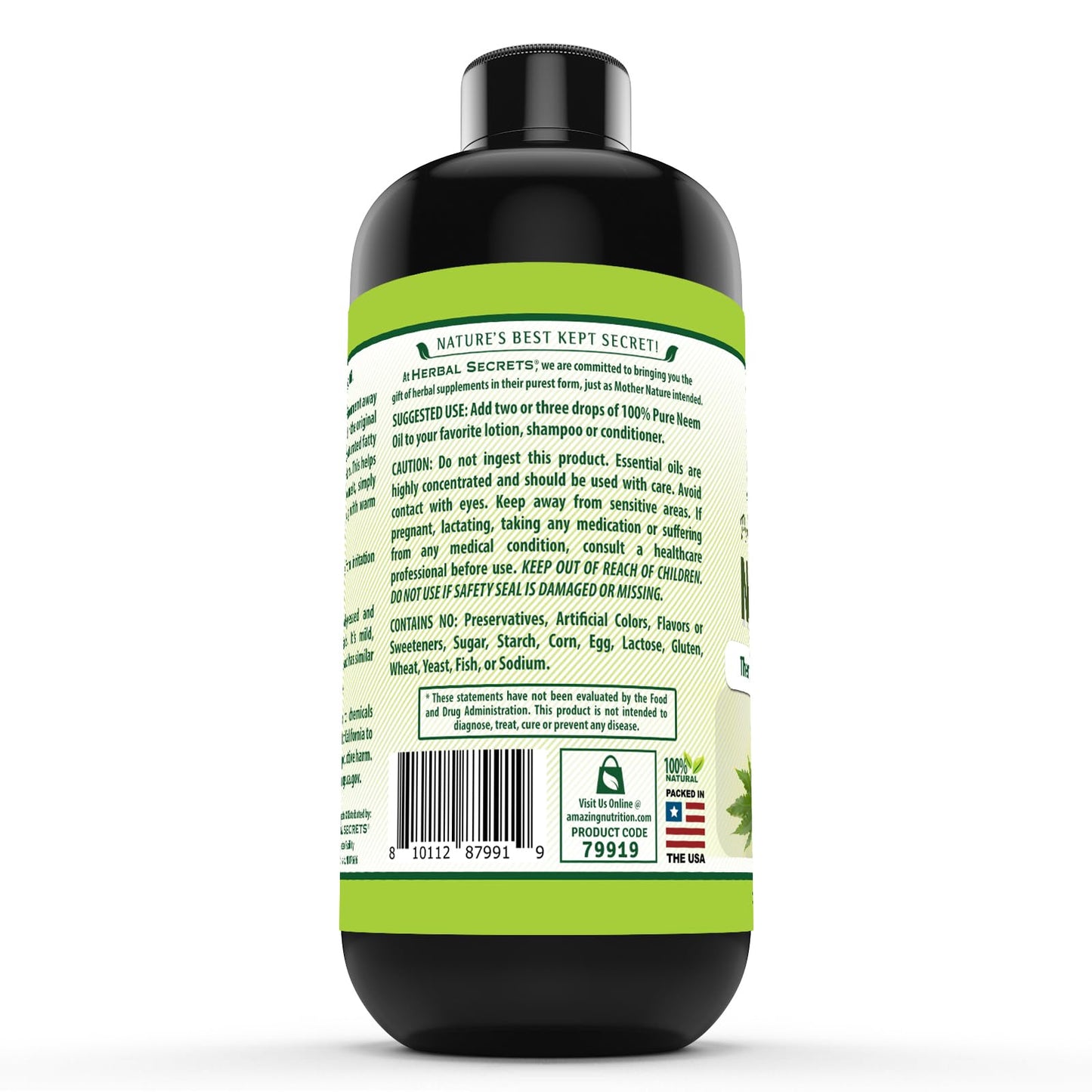 Herbal Secrets Wildcrafted Neem Oil USA import label