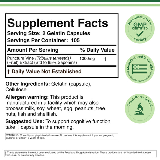 Double Wood Tribulus Terrestris 1000mg supplement label details