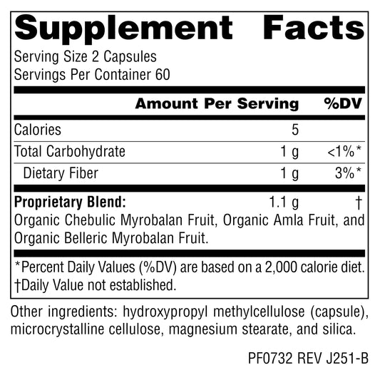 Planetary Herbals Triphala Gold supplement facts and organic ingredients label