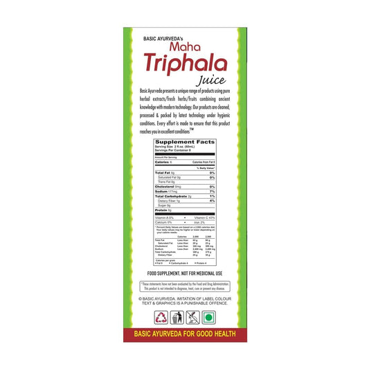 Basic Ayurveda Maha Triphala Ras ingredient list panel showing Amla, Harad, and Baheda.