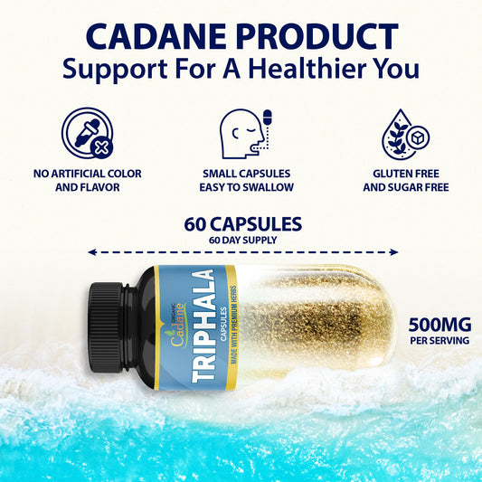 Organic Cadane Triphala supplement label detailing turmeric moringa guggul ingredients list.