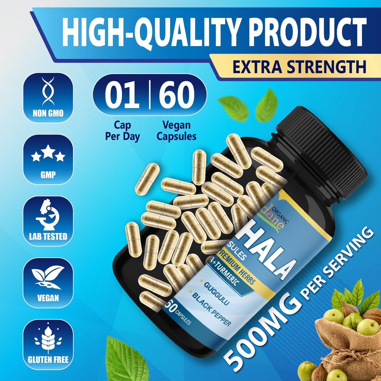 Top view of the sealed cap of Organic Cadane Triphala complex capsule bottle.