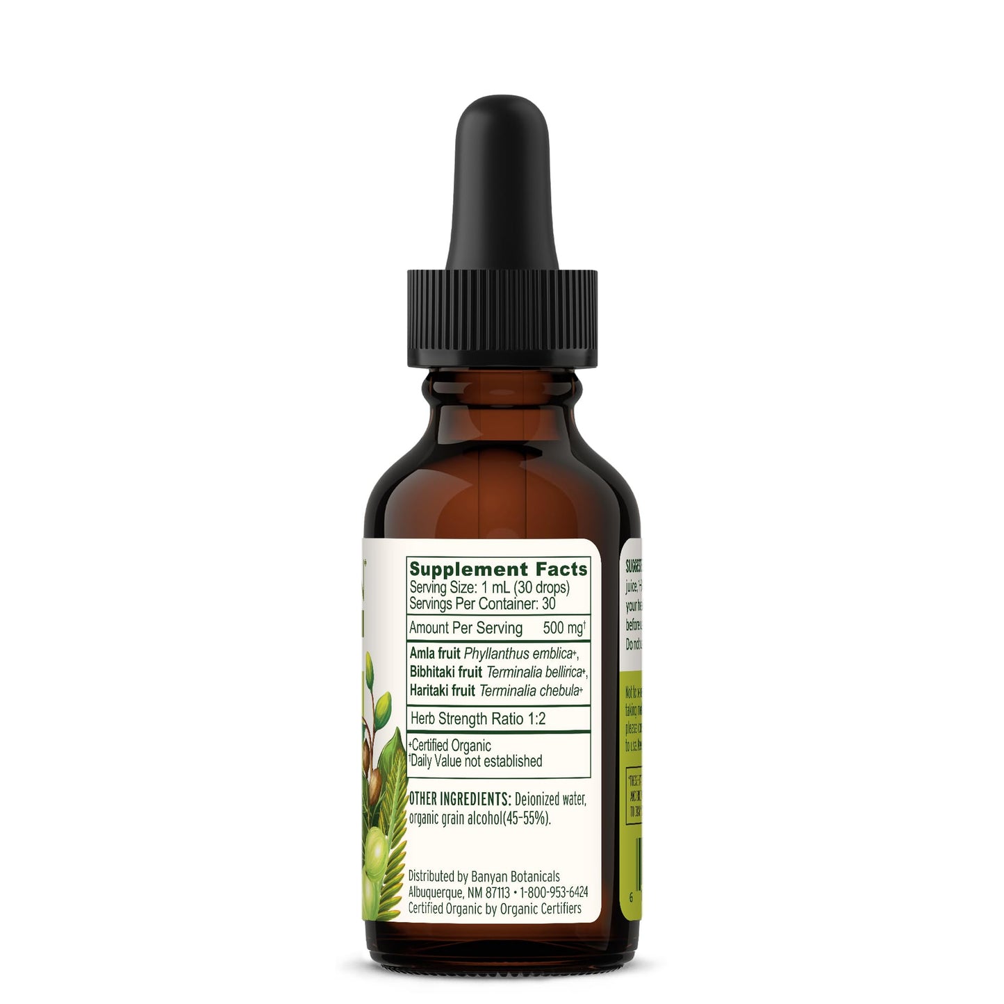 Authentic Banyan Botanicals Triphala liquid extract bottle showing compact travel friendly design