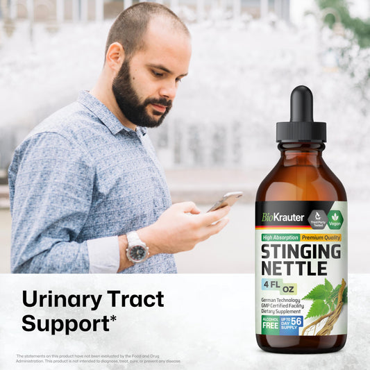 Bio Krauter Stinging Nettle liquid supplement bottle showing the alcohol free formula details