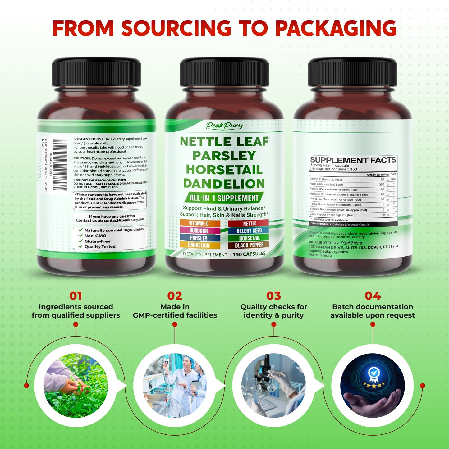PEAKPURY dietary supplement container demonstrating premium USA manufacturing standards