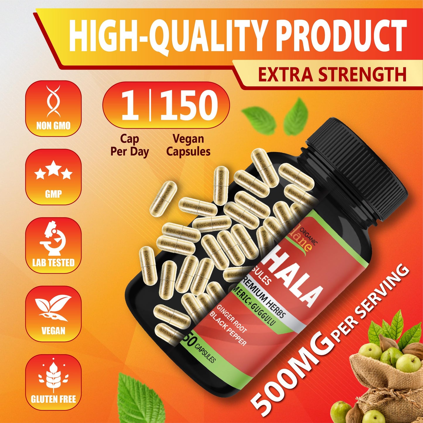 Authentic Organic Cadane Triphala 150 vegetarian capsules premium imported product display.