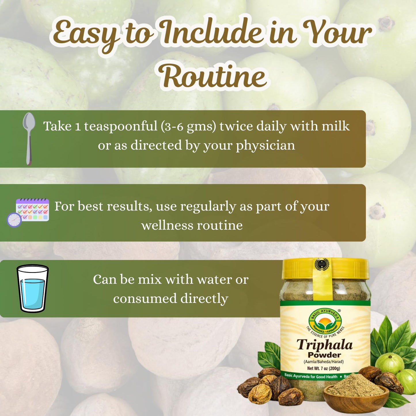 Basic Ayurveda Triphala Powder inside look showing the traditional astringent three fruit wellness mixture.