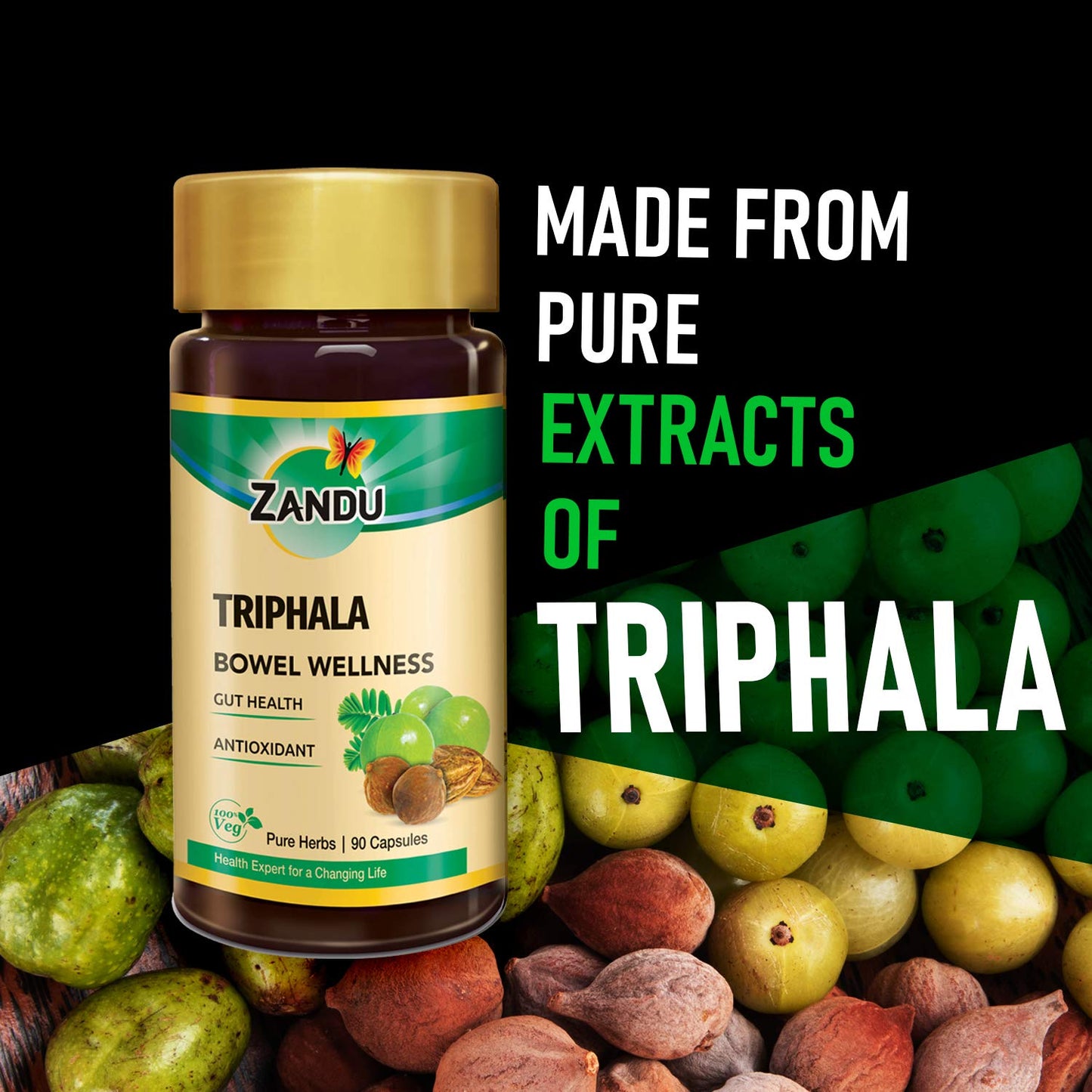 Zandu Triphala herbal formulation packaging for regular bowel regularity and detox