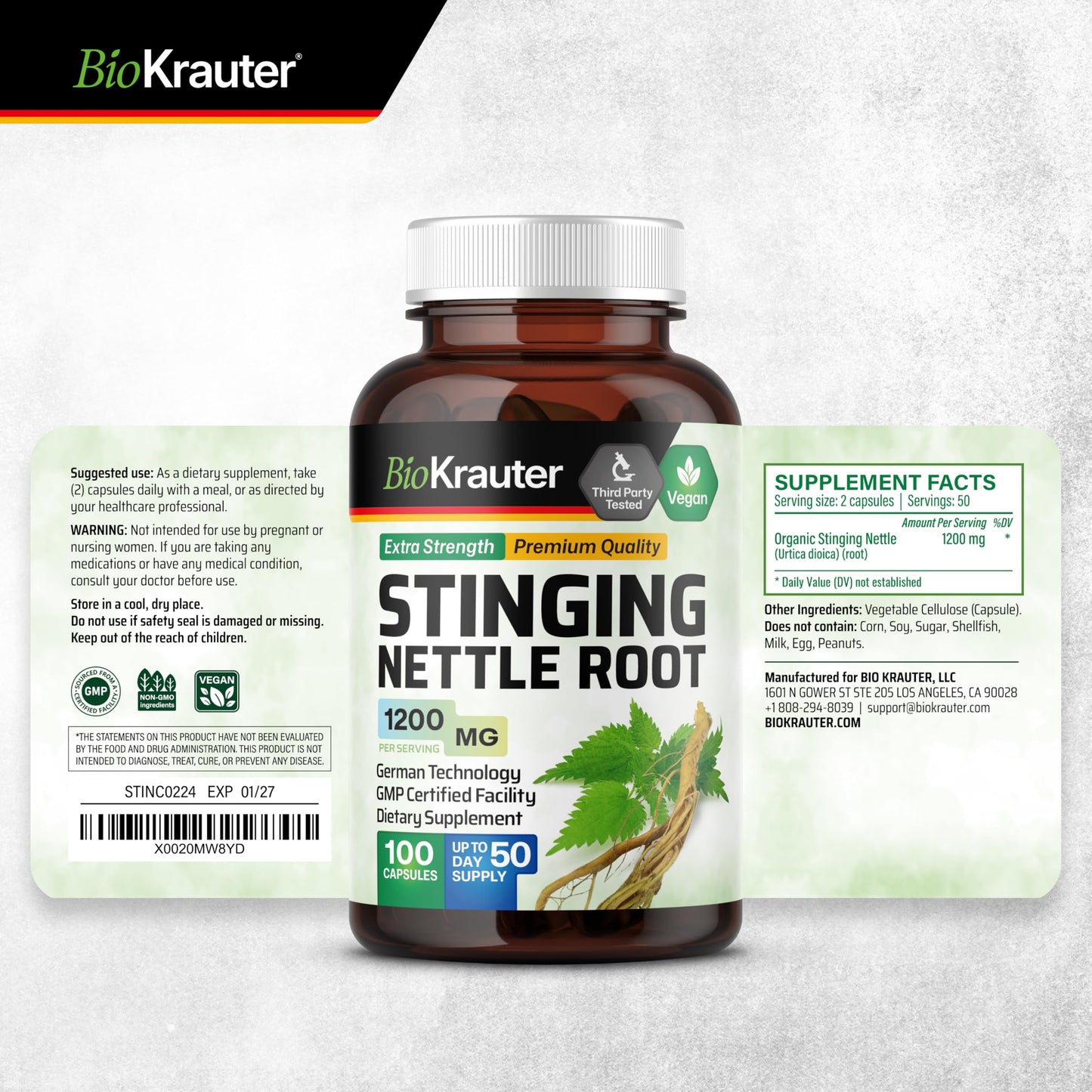 Authentic BIO KRAUTER herbal stinging nettle root extract 50 day supply bottle details