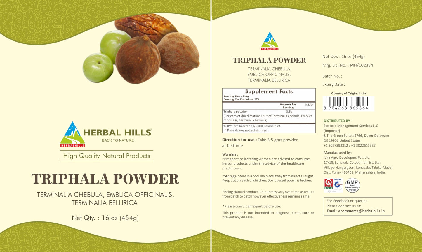 Secure 16 ounce resealable packaging of BioVitazen Herbal Hills Triphala detoxification supplement.