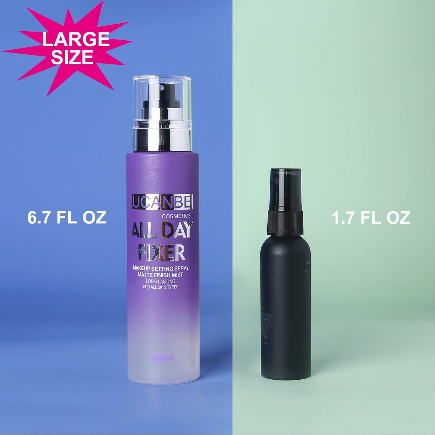 Full view of the 200ml large size matte finish oil control makeup setting spray bottle