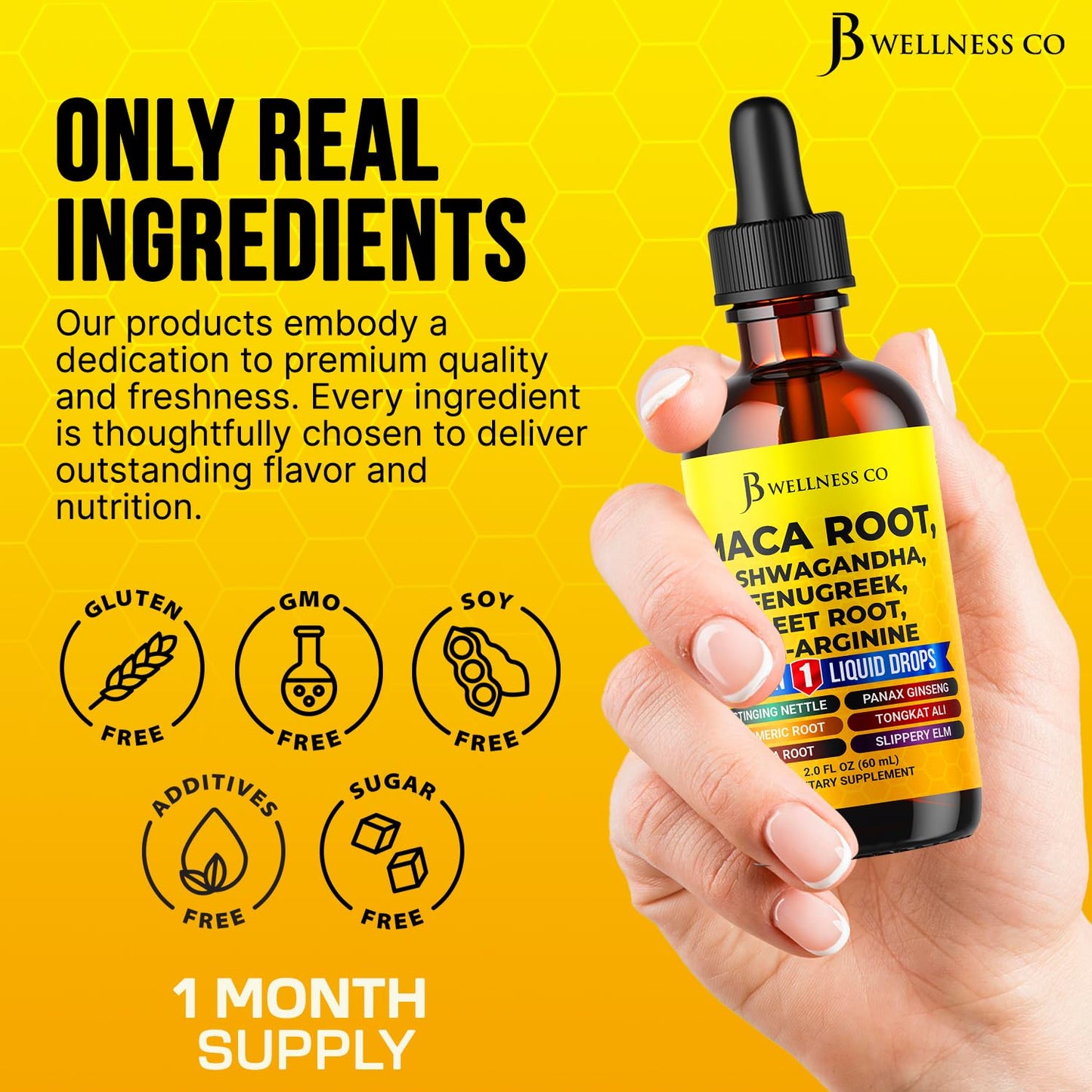 Two fluid ounce bottle of JB Wellness Co Maca and Ashwagandha drops showcasing the authentic USA imported packaging for men and women.