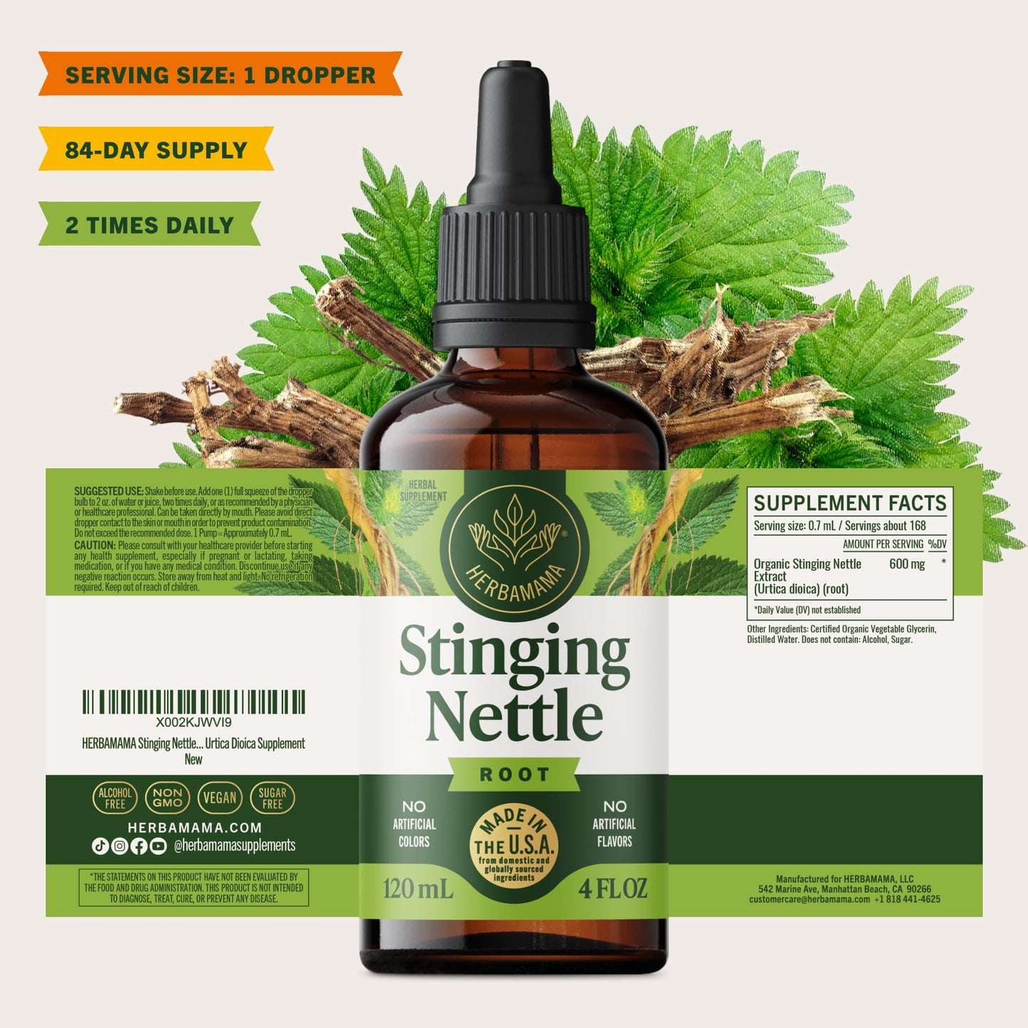 Herbamama Stinging Nettle Urtica dioica supplement showing premium imported USA manufacturing origin labels