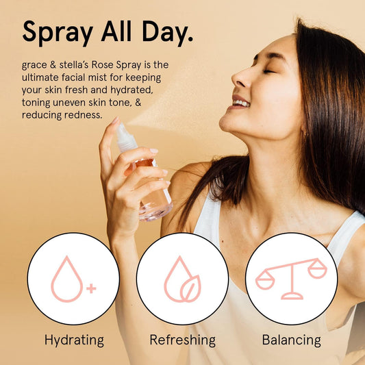 Grace And Stella vegan rosewater toner spray bottle showing ingredients and size