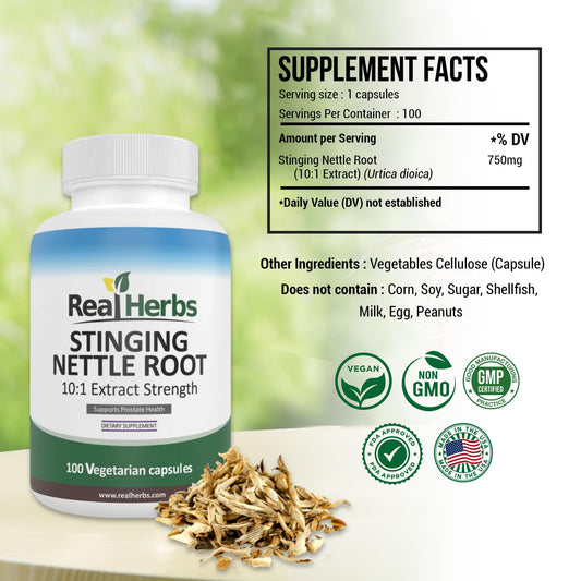 Real Herbs Stinging Nettle Root 750mg capsule supplement facts label