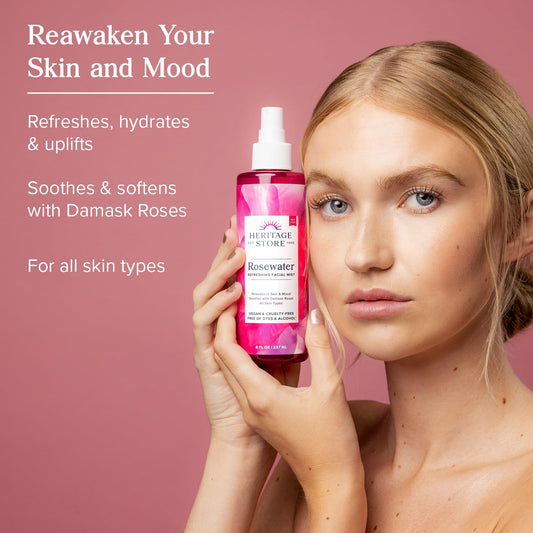 Heritage Store Rosewater facial mist bottle showing Damask Rose ingredients