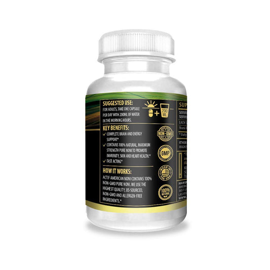 Actif Hawaiian Noni Extract supplement container showing nutritional value and ingredient facts