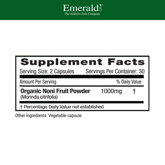 Emerald Labs noni fruit supplement bottle showing nutritional facts and ingredients list