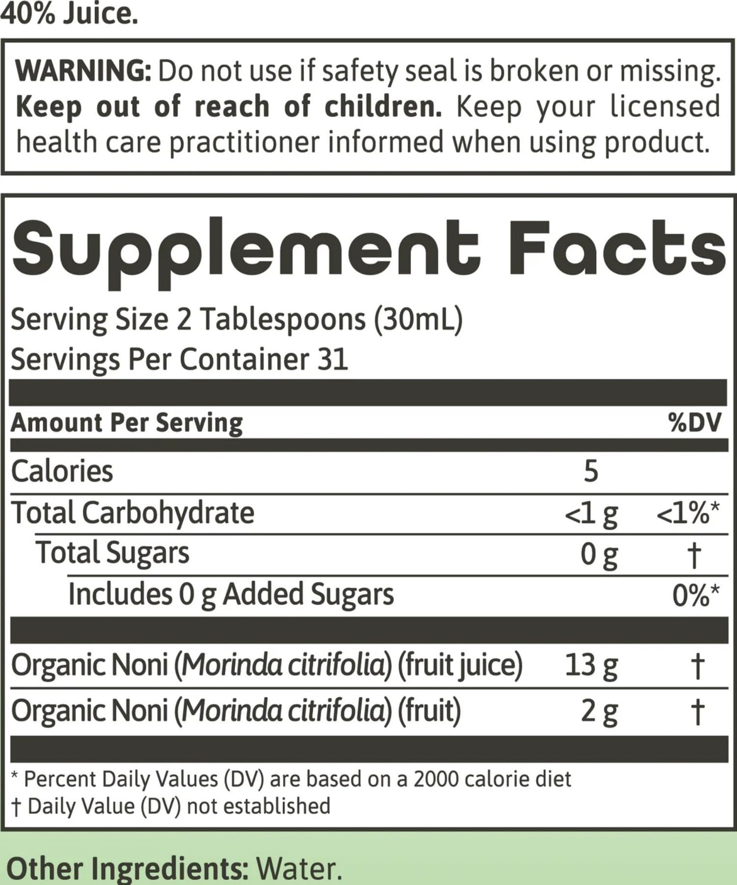 Dynamic Health imported USA noni juice dietary supplement bottle label details and organic certifications