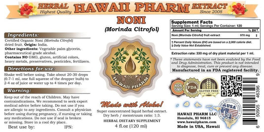 Hawaii Pharm Morinda Citrifolia tincture supplement label details and ingredients