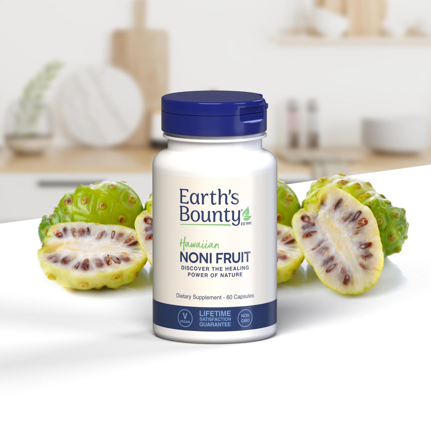 Vegan and Non GMO certifications on Earth's Bounty Noni Fruit packaging