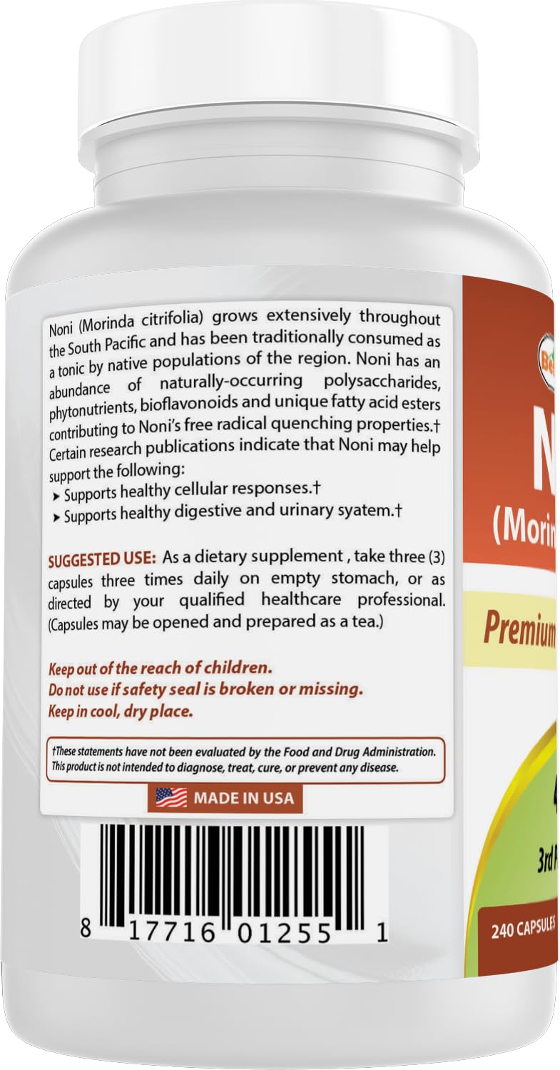 Best Naturals Noni 240 count container showing manufacture details and dosage instructions