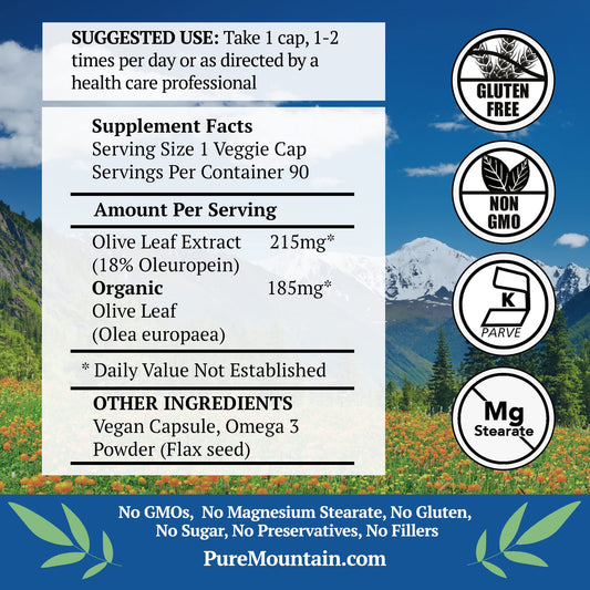 Pure Mountain Botanicals Olive Leaf Extract supplement facts and ingredient label details