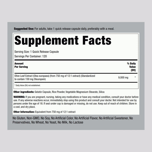 Piping Rock Standardized Olive Leaf Extract Nutritional Label and Ingredients Panel
