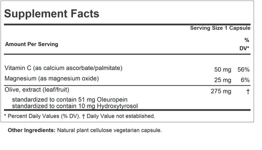 Andrew Lessman Olive Complex dietary supplement bottle displaying nutritional ingredient facts