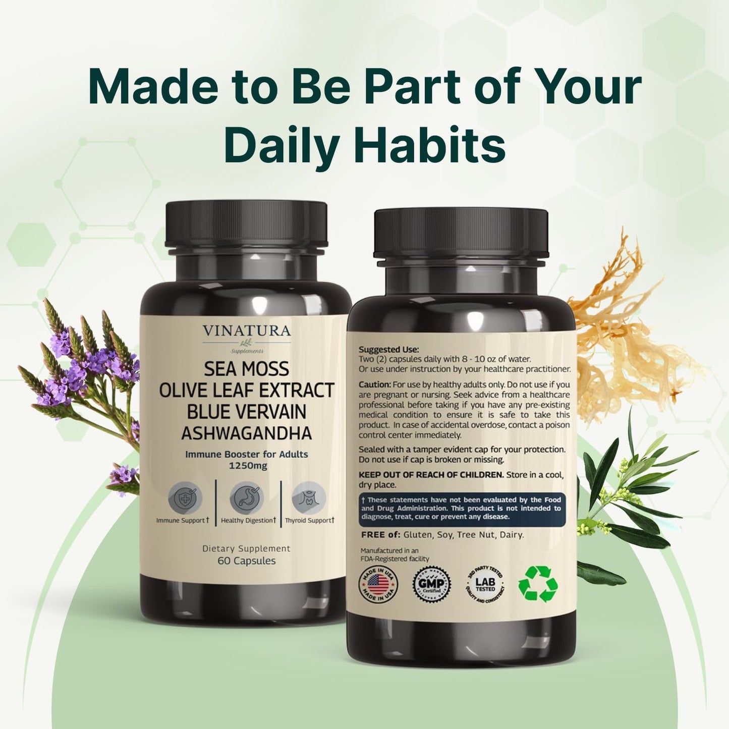 Close up of Vinatura vegan allergen free capsules next to its protective outer packaging.