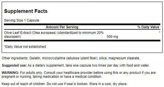 Swanson Olive Leaf Extract supplement label details