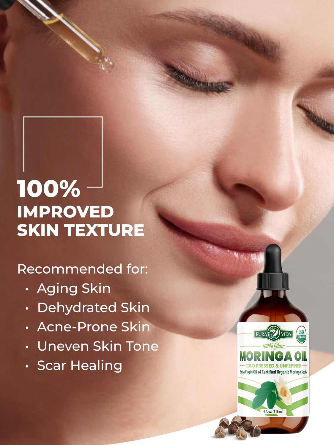 Complete packaging view of the four fluid ounce Pura Vida Moringa oil imported from the USA for comprehensive face hair and nail care