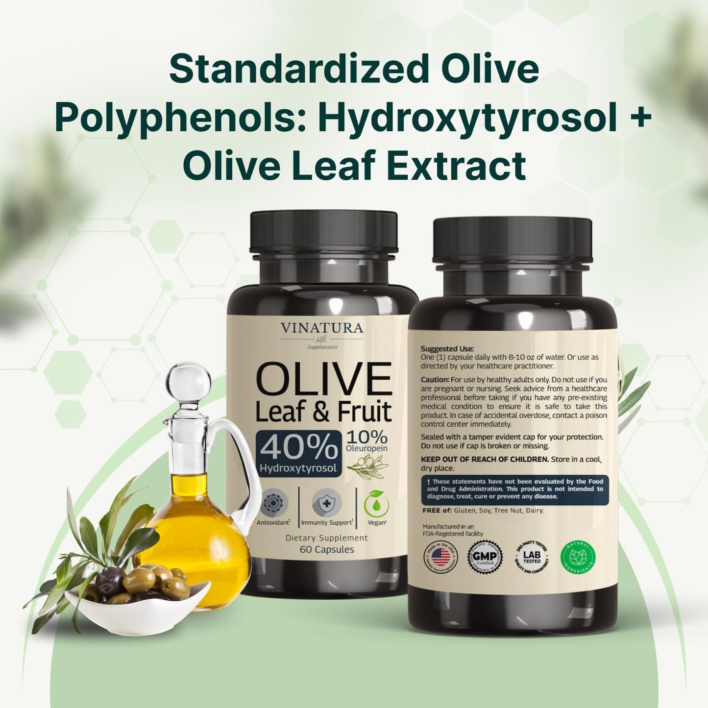 VINATURA Olive Leaf and Fruit extract bottle standing upright demonstrating premium wellness product design.
