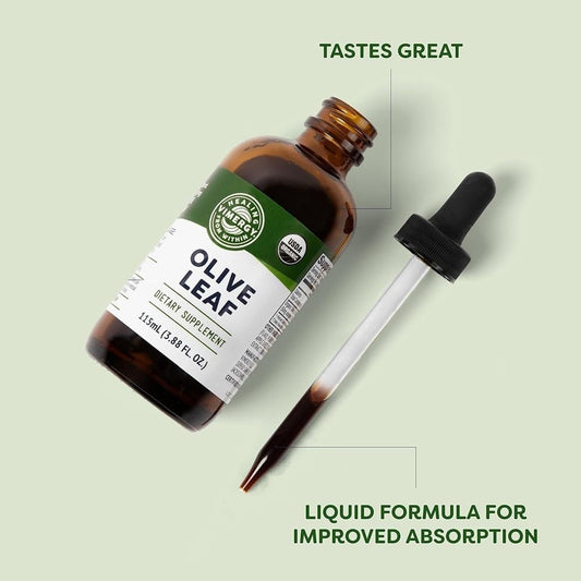 Vimergy Olive Leaf herbal supplement bottle back label showing complete clean ingredient list and organic certifications.