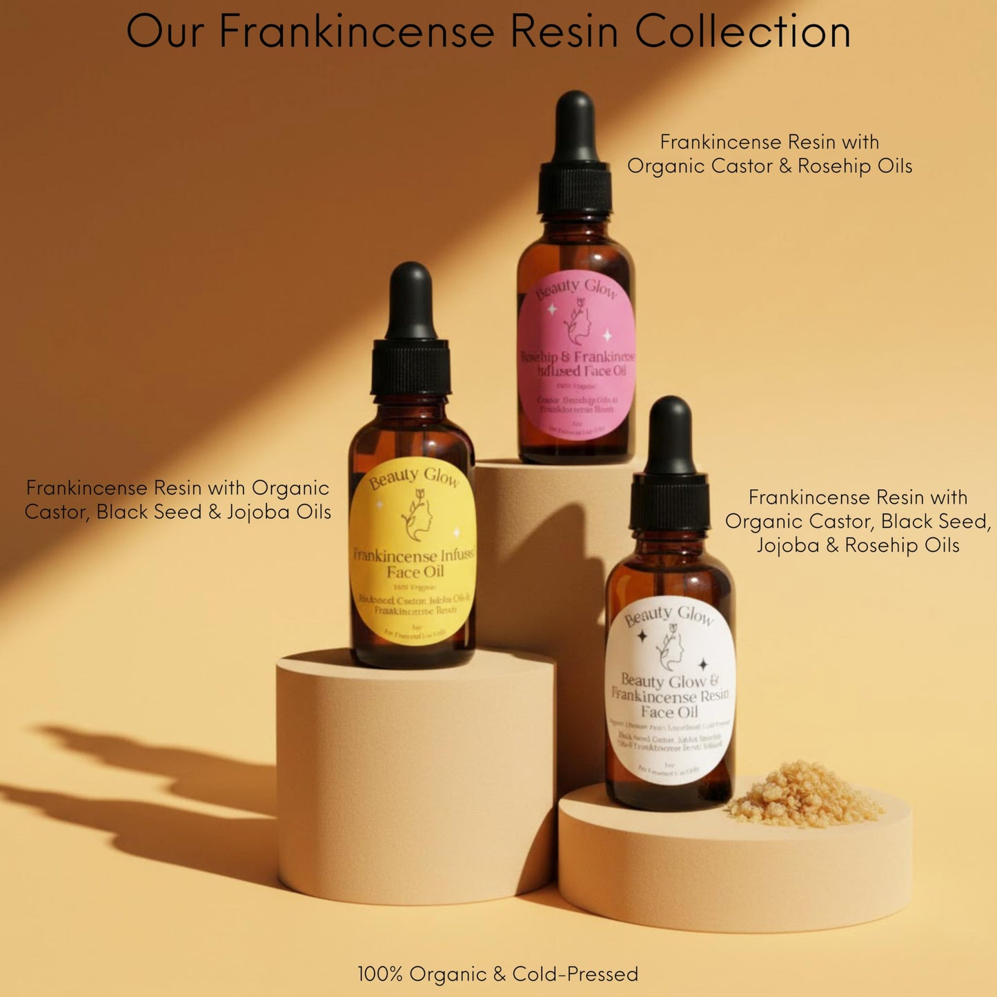 Beauty Glow cold pressed natural skincare serum bottle emphasizing the premium USA imported quality